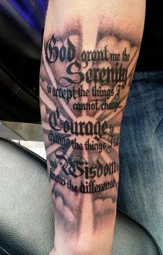 Sobriety Tattoo: Serenity Prayer Inked as a Symbol of Strength in Recovery Strength Tattoos For Men, Serenity Prayer Tattoo Design, Recovery Tattoos, Serenity Prayer Tattoo, Serenity Tattoo, Girl Flash, Prayer Tattoo, Cage Tattoo, Jesus Tattoo Design