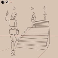 an animation character is walking up the stairs to another character who is on top of them