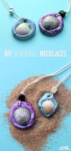 three seashell necklaces are shown with the words diy seashell necklaces