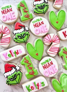 These grinch themed cookies can be customized however you want-colors, themes, etc! Let me create the perfect cookies to match your event!  **Please read through the full item description Our prices depend on flavor, quantity, size of cookie and the finish you pick. 1 dozen of the standard size could range from $58-$81. Prices are shown when the option is selected.  Quantity goes by the dozen. If it is set at 1, you will receive 1 dozen cookies. If set at 2, you will receive 2 dozen cookies. 1 = 12 cookies, 2= 24 cookies, 3=36 cookies etc.  We have minis and standard size cookies. Minis are 2-2.5" and Standards are 3-4". We offer 3 different flavors: Classic Vanilla, Lemon, and Rainbow Sprinkle.  **Printed cookies are printed with edible ink not hand piped  We have 3 different finish optio Cindy Lou Who Party Decorations, Grinch First Birthday Cookies, Cindy Lou Who Birthday Cake, Cindy Lou Who Birthday Party Ideas, Grinch Baby Shower Cookies, Cindy Lou Birthday Party, Grinch Theme Cookies, Cindy Lou Who Cookies, Cindy Lou Who Party