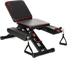 a black and red sit up desk with two wheels on it's legs, sitting in front of a white background