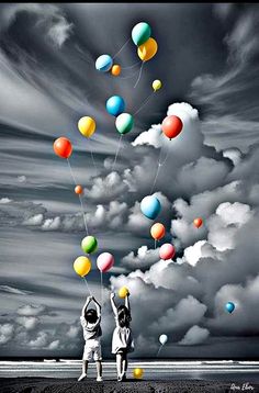 two people flying balloons in the sky on a cloudy day with black and white clouds