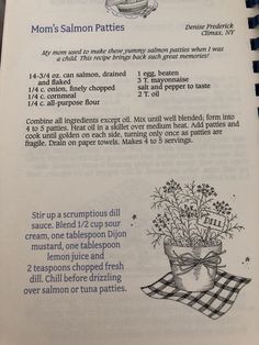 the recipe for mom's salmon patties is shown in an open book with instructions on how to make it