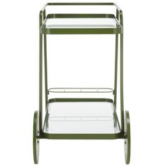 a green metal and glass serving cart with wheels on the bottom, two shelves below