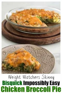 broccoli and cheese casserole on a plate with the words, weight watchers skinnyy biscuit impossiblely easy chicken broccoli pie