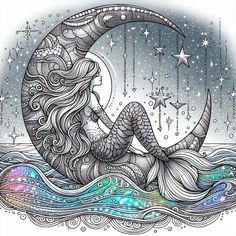 a drawing of a mermaid sitting on the moon with stars in the sky above it