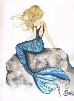 a drawing of a mermaid sitting on top of a rock