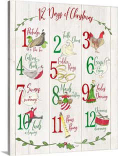 the twelve days of christmas is shown in red, green and white with numbers on it