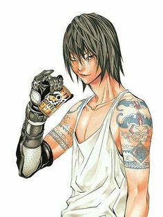 a drawing of a man with tattoos holding a beer in one hand and wearing gloves on the other