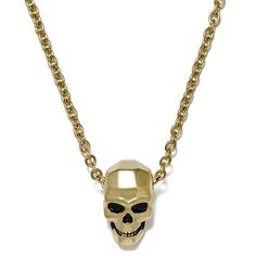 Forged from rust-resistant stainless steel, this gold-tone skull pendant hangs from an adjustable cable chain necklace that locks securely with a lobster claw clasp. Complete with a matte finish that keeps this men's pendant from being too shiny. Designed in Denmark. Signature gift box and storage pouch included. Skull Necklaces For Men, Lock Pendant Necklaces Men, Wooden Jewelry Stand, Steel Gifts, Cable Chain Necklace, Skull Necklace, Skull Pendant, Black Skulls, Square Rings