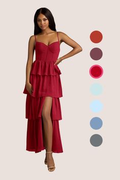 a woman in a red dress standing next to color swatches and the image shows her legs