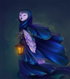 an owl dressed in a blue cloak holding a lantern with its eyes closed and it's head turned to the side