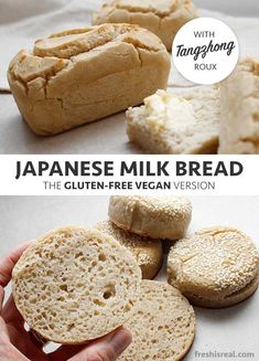 the japanese milk bread is cut in half and ready to be eaten with text overlay