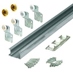 an assortment of hardware and accessories for sliding glass doors, including screws, rollers, and brackets