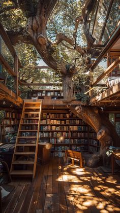 the inside of a tree house with bookshelves and stairs leading up to it