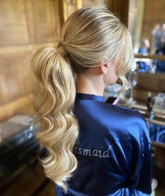 Side Part Ponytail Wedding, Hollywood Curl Ponytail, Formal Curled Ponytail, Hollywood Waves Ponytail Wedding, Glam Wave Ponytail, Curls In Ponytail, Pageant Ponytail Hairstyles, Curled Ponytail Hairstyles Wedding, Hollywood Waves Ponytail