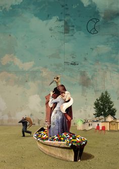 a man and woman standing in front of a boat with candy on the ground next to each other