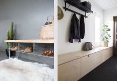 two pictures side by side, one with coat racks and the other with shoes on shelves