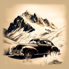 an old car driving through the desert with mountains in the background