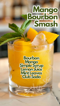 When customers want a refreshing twist on the usual, the Mango Bourbon Smash is a hit. Combining ripe mango and fresh mint with the rich taste of bourbon creates a smooth, fruity drink that’s perfect for relaxing after a long day. The sweet mango balances the bourbon’s warmth, while a dash of lemon adds just the right tang. #mangobourbonsmash via @mybartender Mango Bourbon Cocktail, Yellow Cocktails, Mango Cocktails, Bartender Recipes, Chicken Bruschetta, Cocktail Cards, Simple Syrup Cocktails