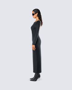 The epitome of business in the front, party in the back 😌 With a boat neckline and low open back, this black backless maxi dress made from stretch jersey fabric is a sexy yet timeless look that is perfect for all occasions 🖤 Black Backless Elastane Maxi Dress, Fitted Backless Bodycon Dress With Side Slits, Backless Bodycon Dress With Side Slits, Fitted Bodycon Dress With Side Slits And Backless Design, Evening Bodycon Backless Maxi Dress, Stretch Low Back Maxi Dress For Night Out, Stretch Maxi Dress With Low Back For Night Out, Fitted Backless Dress With Side Slits For Night Out, Fitted Long Backless Dress For Night Out