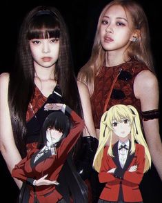 two young women standing next to each other in front of a black background with anime characters on them