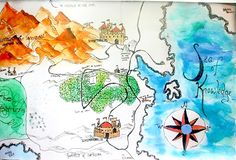 a drawing of a map with mountains in the background and watercolors on paper