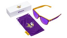 Heads up, Minnesota Vikings fans! Knockaround has partnered with the NFL to create custom sunglasses for the teams you love to cheer for. Whether you tune in casually or plan your whole week’s schedule around the game, these shades will let you rep your team colors no matter the occasion. Rubberized frame with purple exterior and yellow interior Outside of each arm features iconic Minnesota Vikings team logo Arm interiors feature Vikings logo on the right side and Knockaround x NFL logo on the l Sporty Polarized Sunglasses For Sports Events, Sporty Sunglasses With Mirrored Lenses For Sports, Vikings Logo, Viking Logo, Vikings Fan, Custom Sunglasses, Yellow Interior, Venus Fly Trap, Nfl Logo