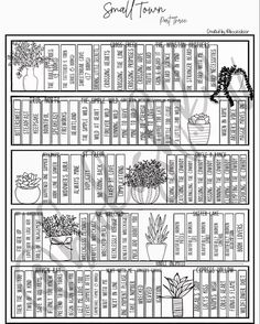 a black and white book shelf filled with books, plants and potted planters