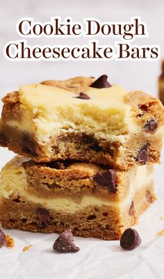 cookie dough cheesecake bars stacked on top of each other