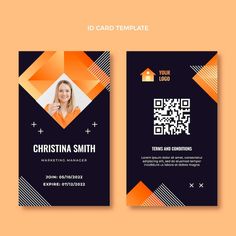 a black and orange business card with an image of a woman in the center on it