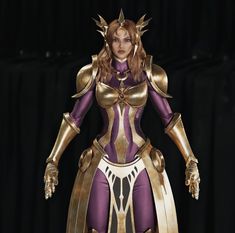 a woman dressed in gold and purple is standing on a black stage with her hands behind her back