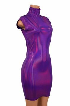 "This item is made to order, please read all the way through the listing before purchasing! This dress is made of a grape holographic spandex, with AMAZING shine! It features a turtle neckline and mini cap sleeves. Made of four way stretch lycra spandex, and it fits like a glove! Super figure flaunting and fun! LENGTH: 27\" (from the underarm to the hemline) Womens Sizing (See below for instructions on where measurements should be taken) XXS: Bust 29\"-30\" / Waist 22\"-23\" / Hips 30\"-32\" Ext Purple Fitted Bodycon Dress With Short Sleeves, Purple Fitted Short Sleeve Bodycon Dress, Purple Fitted Short Sleeve Dress, Purple Short Sleeve Bodycon Party Dress, Purple Short Sleeve Bodycon Dress For Party, Fitted Purple Mini Dress With Short Sleeves, Purple Holographic, Military Ball Dresses, Waist Cincher Corset