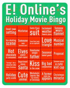 the holiday movie bingo game is shown in red, green and white with words on it