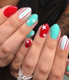 Short Red White And Blue Nails, Western Patriotic Nails, Red Blue And Yellow Nails, Gel Nails For Vacation Summer, 4th Of July Nail Designs For Short Nails, Patriotic Nail Designs, 4th Of July Nail Designs, Random Nails, Rodeo Nails