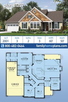 two story house plans with garage and living room in the middle, one bedroom on each floor