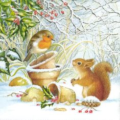 a painting of two squirrels and a bird in the snow next to an egg box