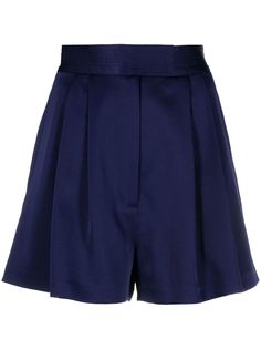 navy blue satin crepe texture pleat detailing high waist concealed front fastening two rear welt pockets straight hem Deep Summer, Gamine Style, Satin Shorts, Alex Perry, Tailored Shorts, Pant Sets, Hollywood Hills, Church Decor, Massage Therapist