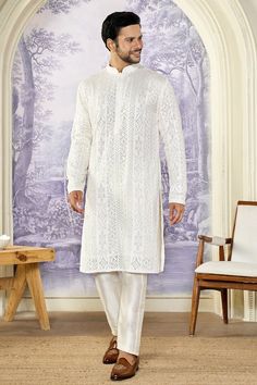 White georgette kurta with all over varied stripe pattern and intricate tonal thread embroidery. Paired with straight fit pant. - Aza Fashions White Chikankari Kurta, Georgette Kurta, Chikankari Kurta, Kurta For Men, Kurta Set For Men, Kurta Men, White Kurta, Straight Fit Pants, Sequin Embroidery