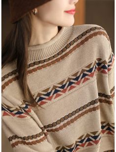 Details: Gender: Women Item Type: Cardigan Material: Cotton Pattern Type: Stripe Season: Spring, Autumn Style: Leisure, Daily, Retro Occasion: Going Out, Daily Size: One Size Length: 62.00 cm/ 24.41 " Bust: 122.00 cm/ 48.03 " Shoulder: 42.00 cm/ 16.54 " Sleeve: 59.00 cm/ 23.23 " Retro Knitted Sweater For Fall, Casual Beige Jacquard Knit Cardigan, Beige Jacquard Knit Casual Outerwear, Casual Beige Jacquard Knit Outerwear, Beige Cotton Sweater For Winter, Beige Long Sleeve Retro Sweater, Warm Beige Crew Neck Sweater, Winter Jacquard Knit Beige Sweater, Retro Crew Neck Cardigan For Fall