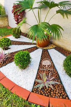 a circular garden design made out of stones and pebbles with plants in the middle on top