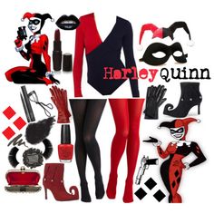 a collage of various costumes and accessories for women in red, black and white