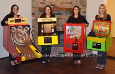 three women standing next to each other in front of two different colored vending machines