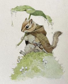 a watercolor painting of a squirrel holding a plant in it's mouth while sitting on top of a grass covered hill