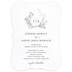 an elegant wedding card with the initials j and j on it, in black ink