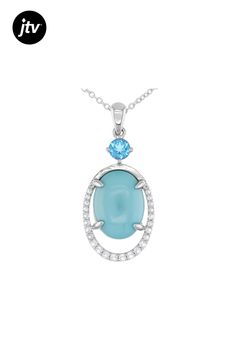 16x12mm cabochon oval Sleeping Beauty turquoise with .38ct round Swiss blue and .52ctw round white topaz rhodium over sterling silver pendant with chain. Measures approximately 1 1/2"L x 11/16"W. 2mm bail. Lobster claw clasp. Pendant With Chain, Sleeping Beauty Turquoise, White Topaz, Sterling Silver Pendant, Lobster Claw, Sterling Silver Pendants, Silver Pendant, Sleeping Beauty, Topaz