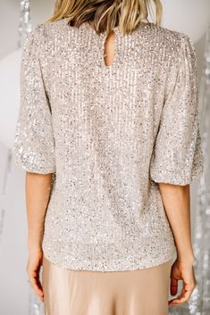 gold sequin blouse Gold Sequin Blouse, Sequin Blouse, Party Lights, Under The Lights, Mint Julep, Gold Sequin, The Room, Round Neckline, Light Up