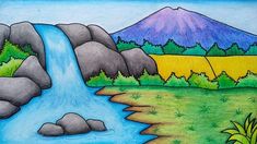 a drawing of a waterfall with mountains in the background and grass on the ground below