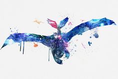 an abstract painting of a bird flying through the air with colorful paint splatters on it