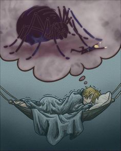 a drawing of a person laying on a bed with a bug above them